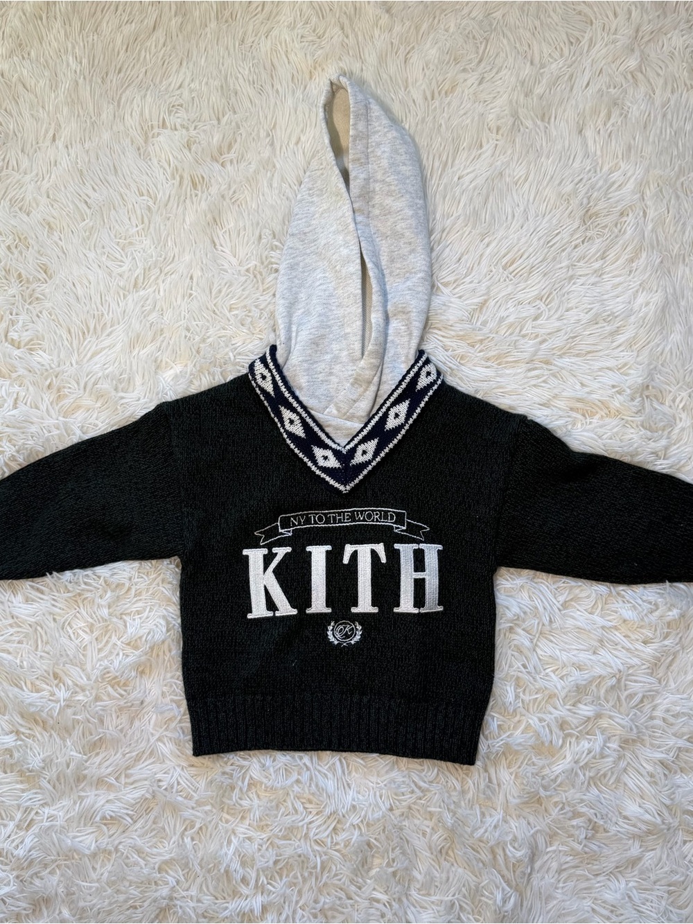 Kith Black Sweater with Light Gray Hood and White Logo